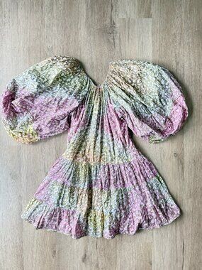 JULIET DUNN Tie Dye Leopard Print Puff Sleeve Mini Dress ONE SIZE